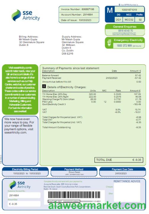 AUSTRALIA SSE AIRTRICITY utility bill Word and PDF template